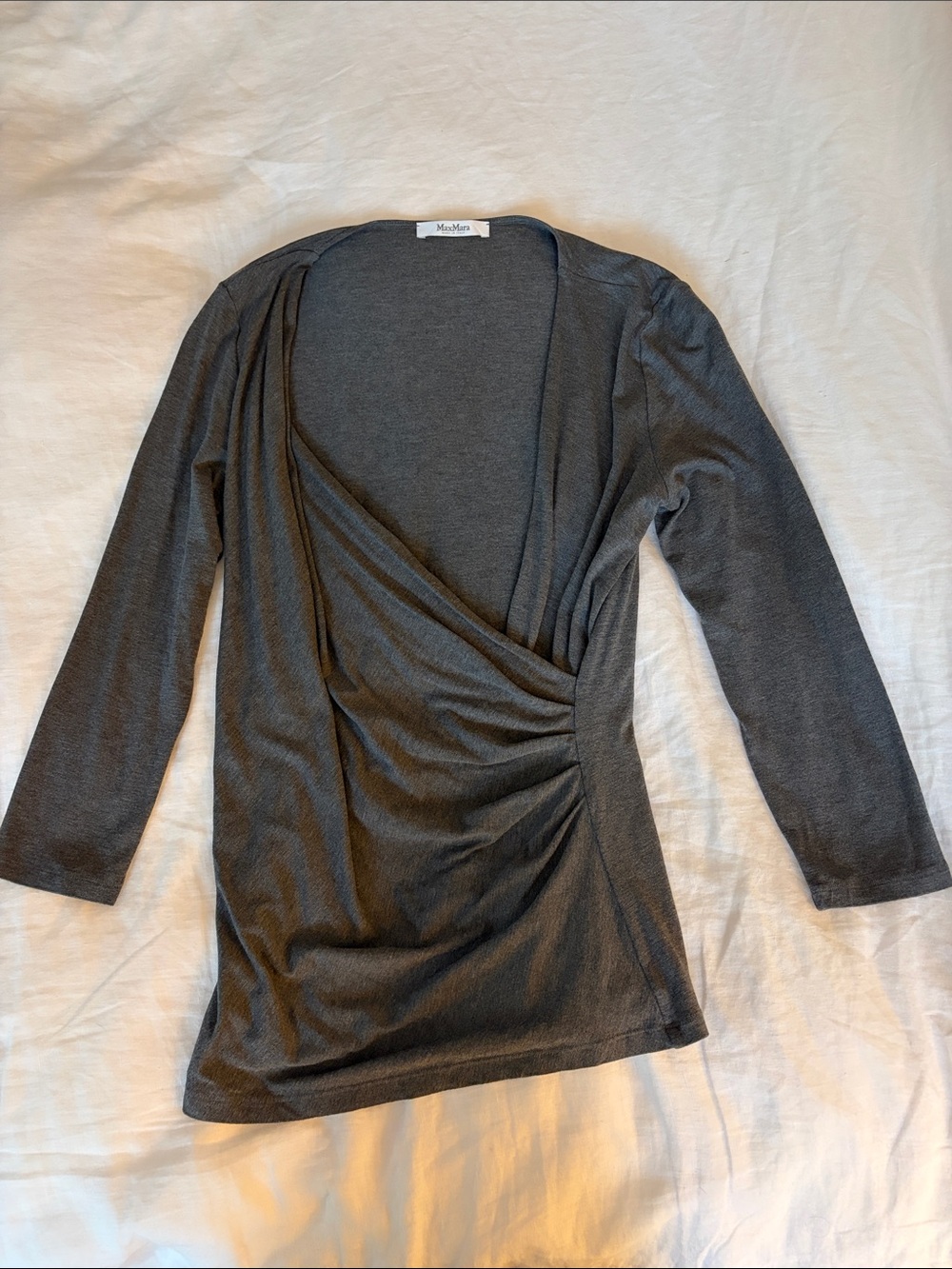 MaxMara Charcoal Gray Draped Wrap-Front Long Sleeve Top